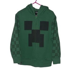 Minecraft Green Creeper Full Zip Up Boys XS 4/5 Hoodie Checkered